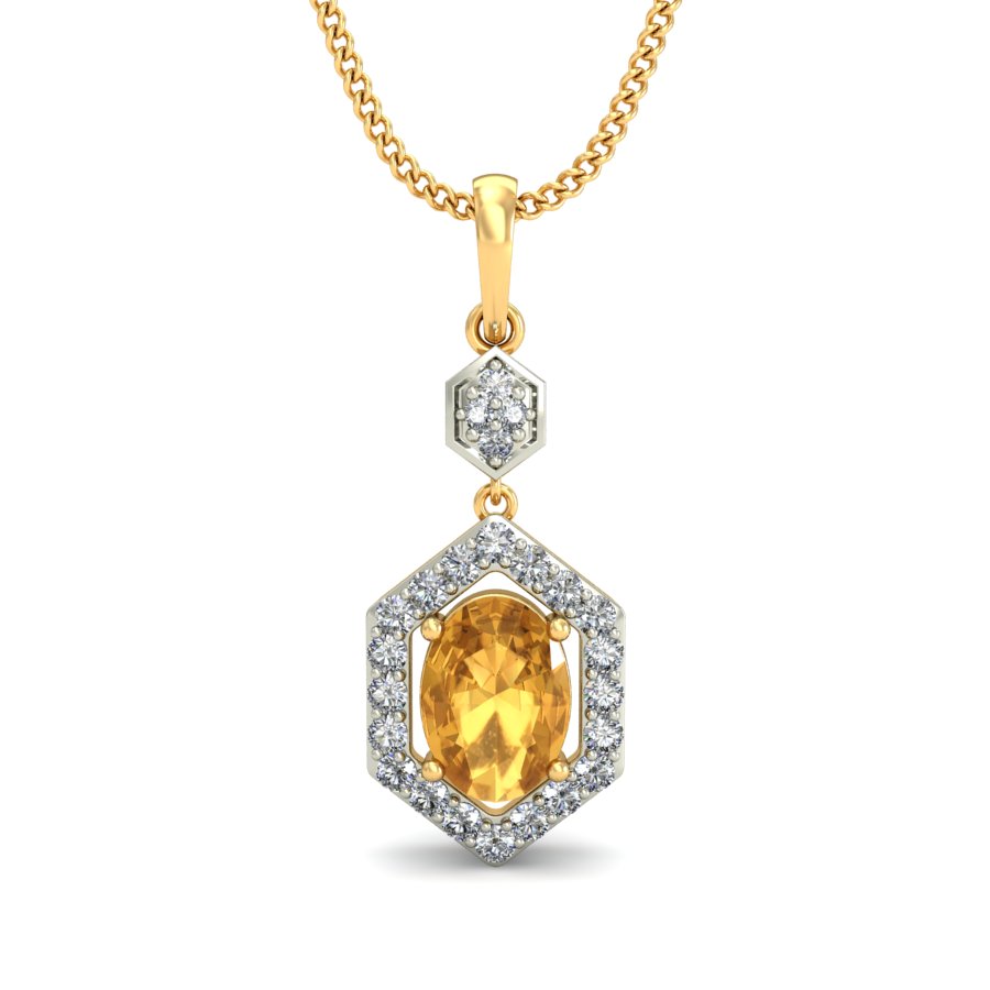 Natural Yellow Citrine and White Diamond Halo Pendant 14k Gold